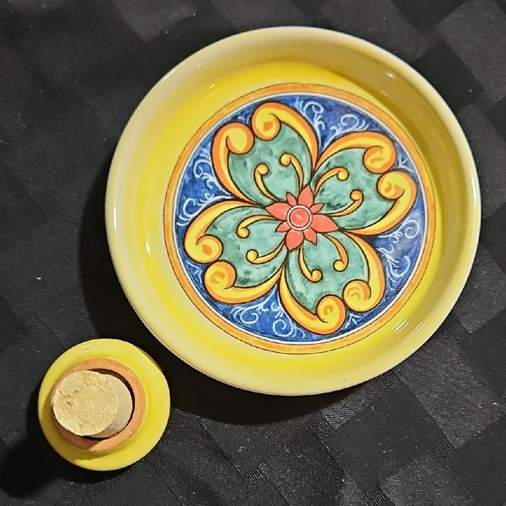 VTG Sorrento Italy Hand-Painted Ceramic Wine Coaster & Stopper Set of 2